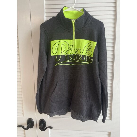 Victoria’s Secret PINK Women’s Pullover Sweatshirt M Gray Neon Yellow - Picture 1 of 9